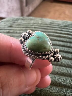 Sterling Silver Heart Turquoise Ring - Green Turquoise. Size adjustable 6 - 8.5